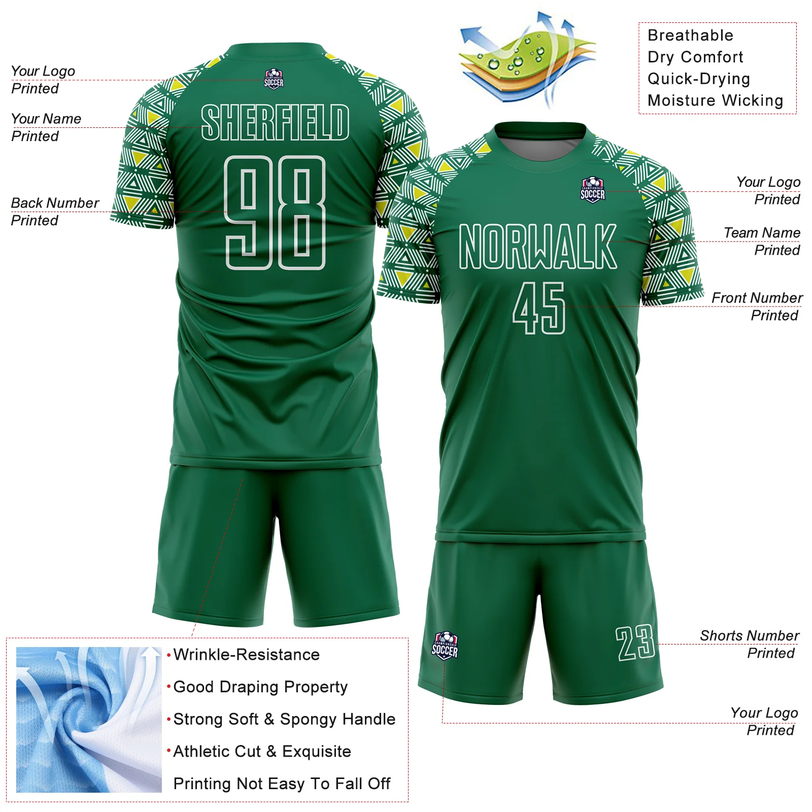 Custom Kelly Green White Geometric Shape Sublimation Soccer Uniform Jersey - Image 4