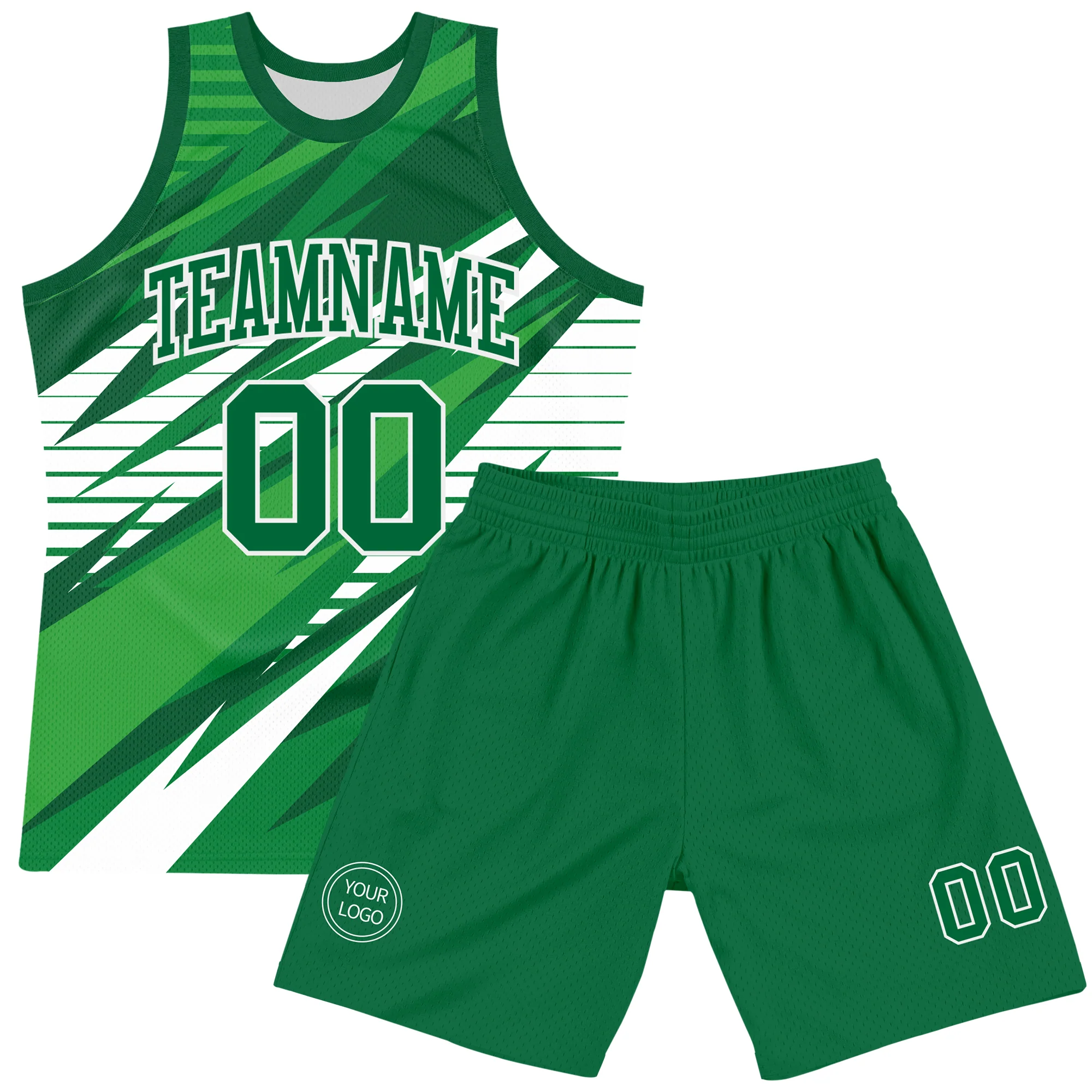 Custom Kelly Green White Line Round Neck Sublimation Basketball Suit Jersey - Image 2