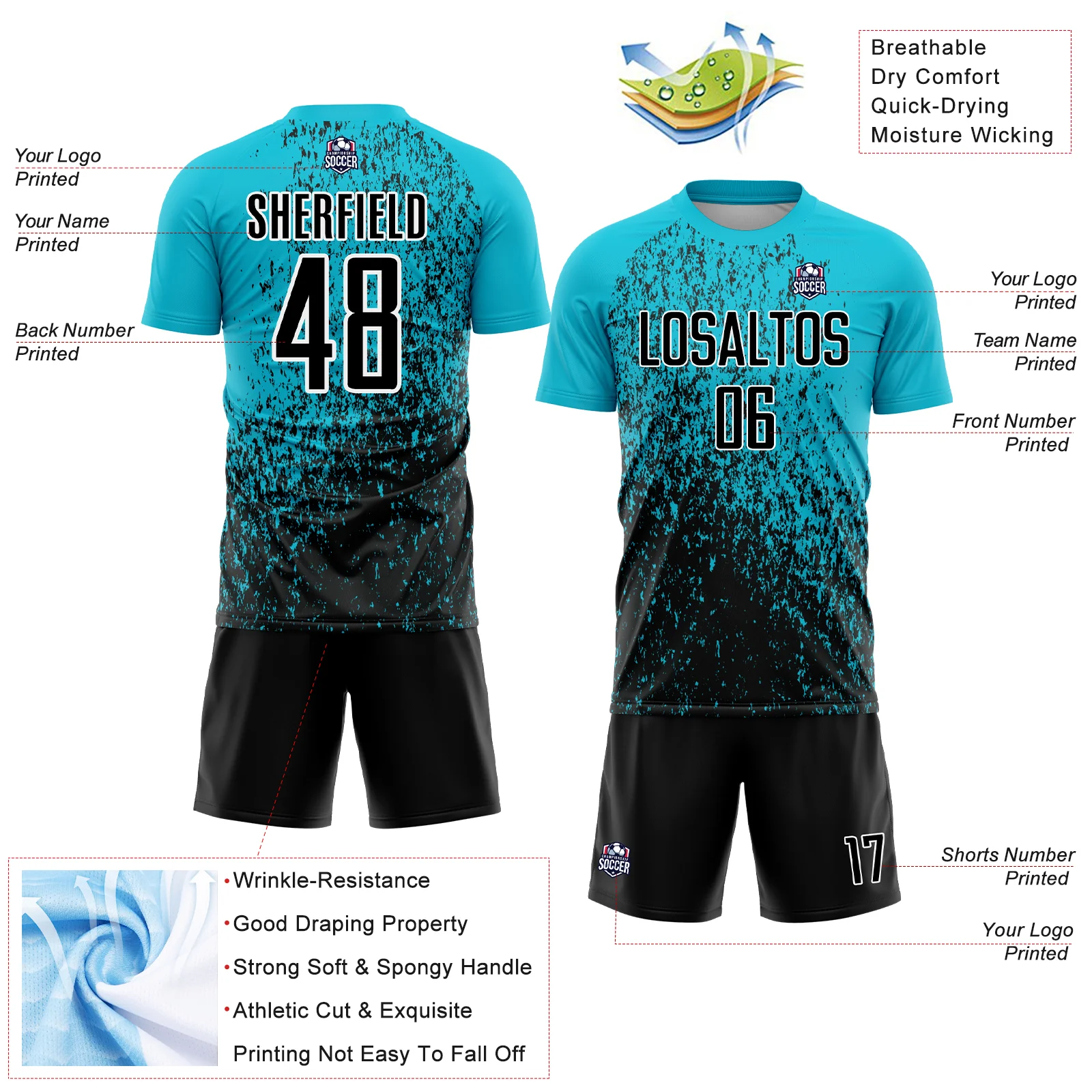 Custom Lakes Blue Black-White Abstract Fragment Art Sublimation Soccer Uniform Jersey - Image 4