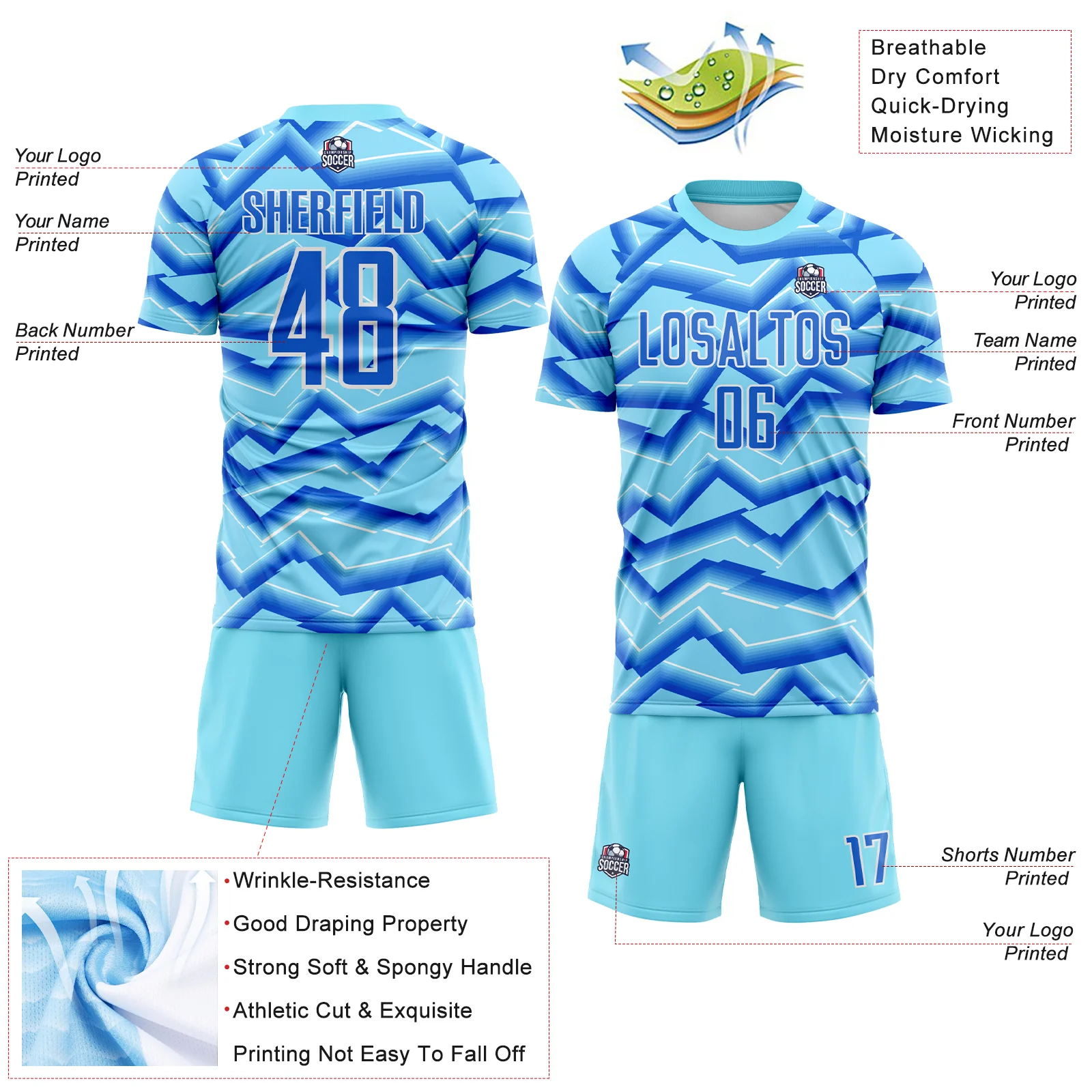 Custom Lakes Blue Powder Blue-White Lines Sports Sublimation Soccer Uniform Jersey - Image 4