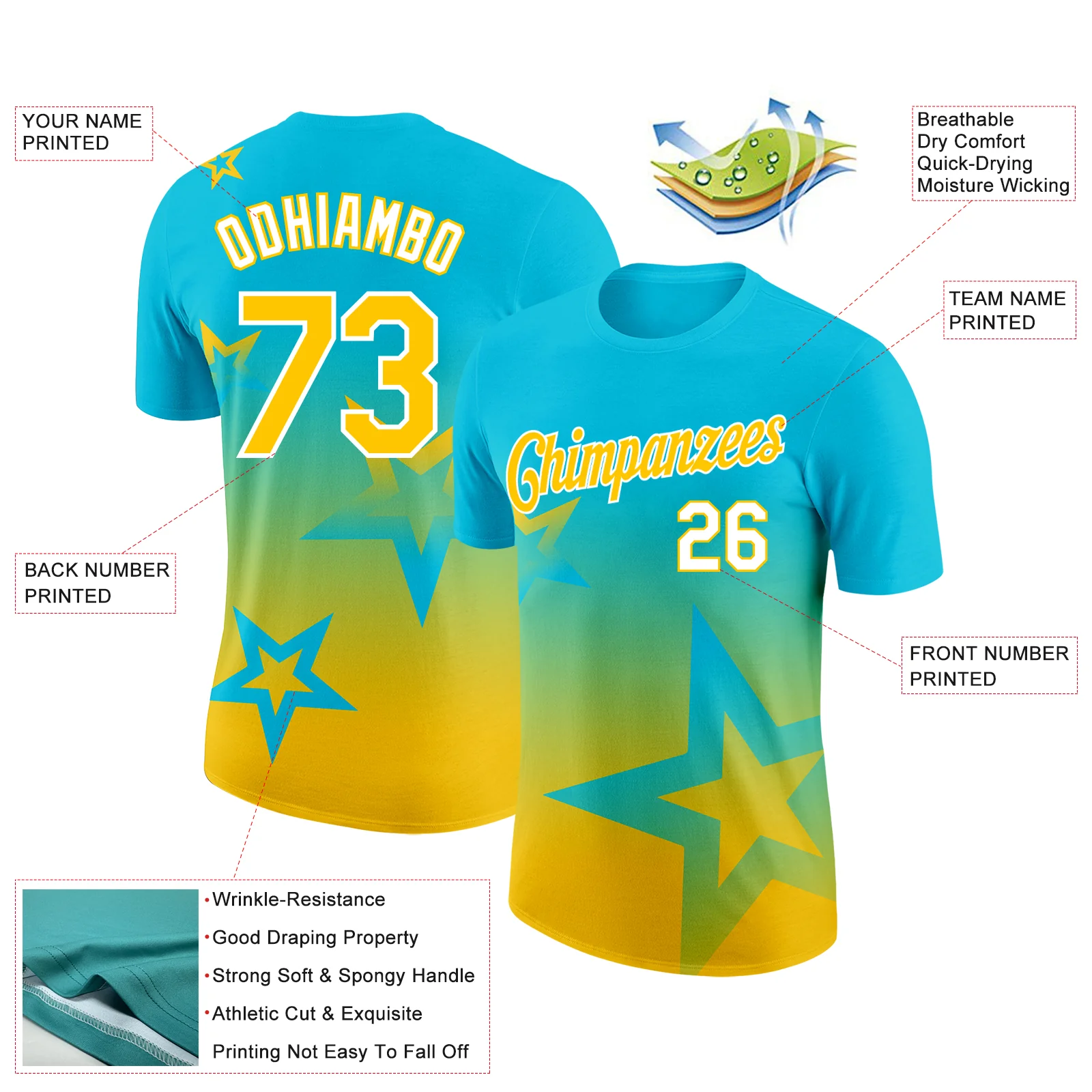 Custom Lakes Blue Yellow-White 3D Pattern Design Gradient Style Twinkle Star Performance T-Shirt - Image 2