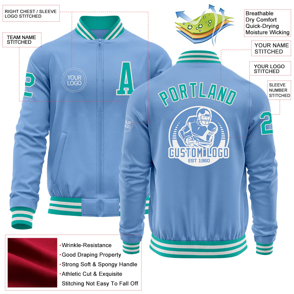 Custom Light Blue Aqua-White Bomber Varsity Letterman Zipper Jacket - Image 4