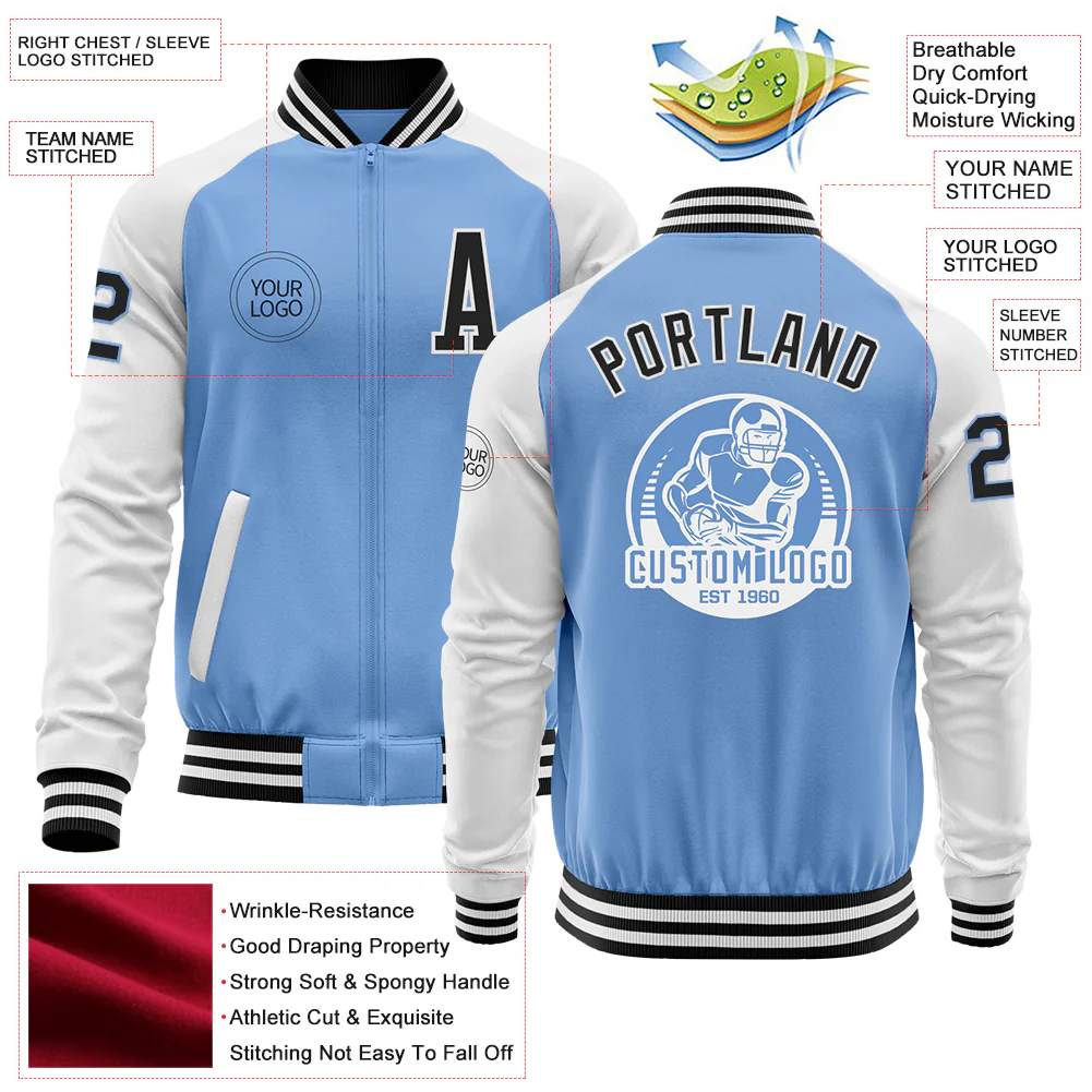 Custom Light Blue Black-White Bomber Varsity Letterman Two Tone Zipper Jacket - Image 4