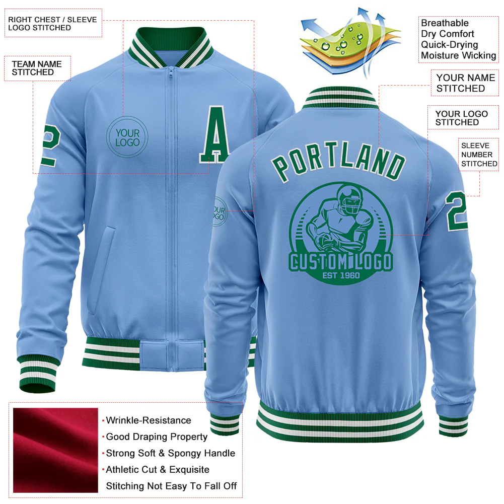 Custom Light Blue Kelly Green-White Bomber Varsity Letterman Zipper Jacket - Image 4