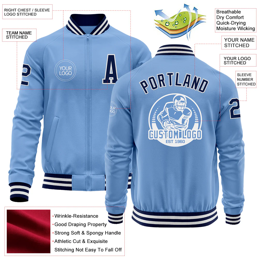 Custom Light Blue Navy-White Bomber Varsity Letterman Zipper Jacket - Image 4