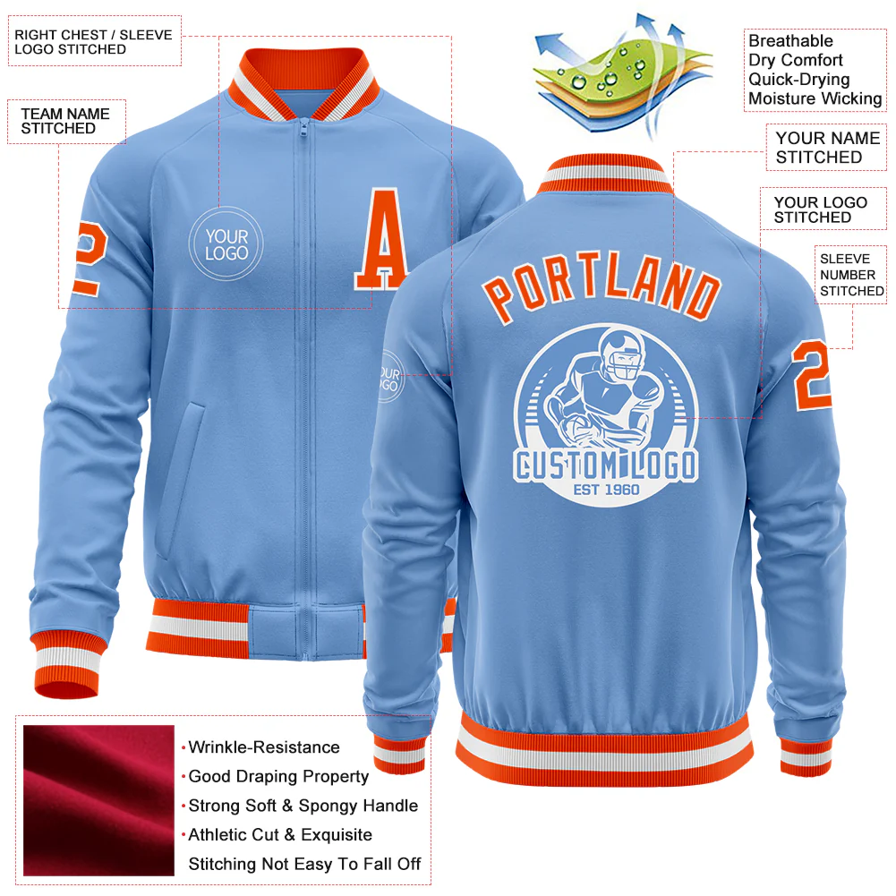 Custom Light Blue Orange-White Bomber Varsity Letterman Zipper Jacket - Image 4