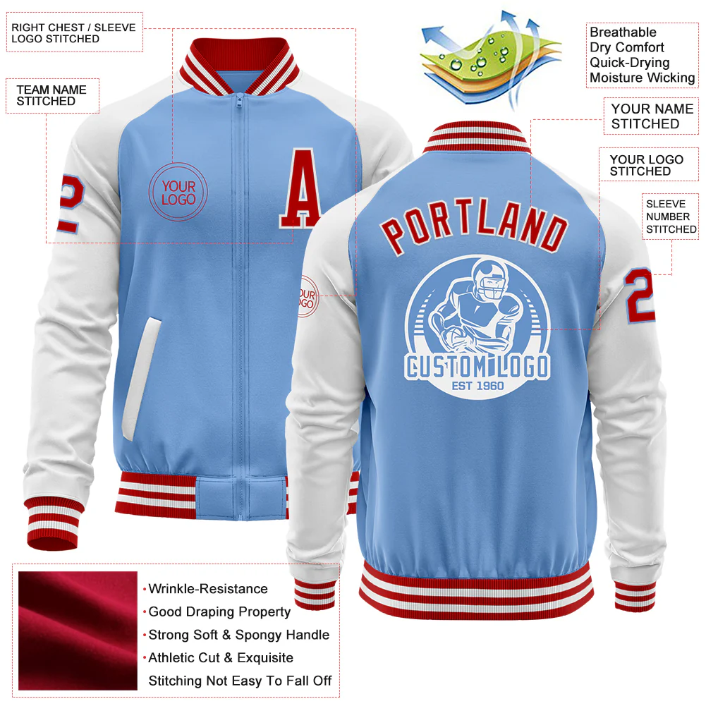 Custom Light Blue Red-White Bomber Varsity Letterman Two Tone Zipper Jacket - Image 4