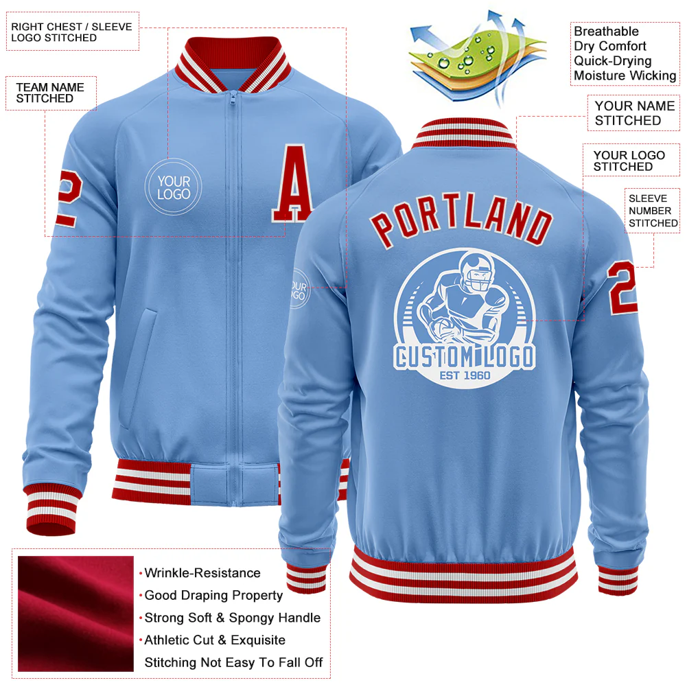Custom Light Blue Red-White Bomber Varsity Letterman Zipper Jacket - Image 4