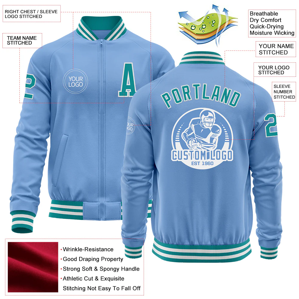 Custom Light Blue Teal-White Bomber Varsity Letterman Zipper Jacket - Image 4
