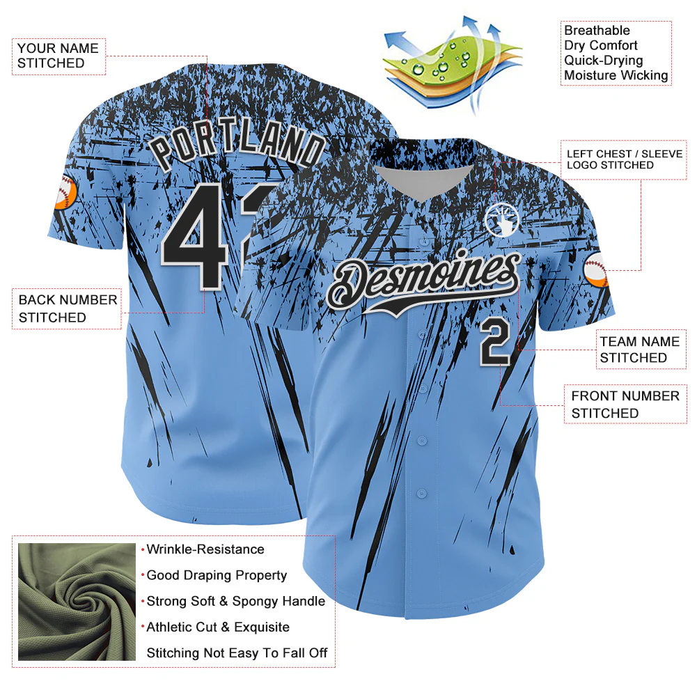 Custom Light Blue Black-White Distressed Scratch Brush Stroke Authentic Baseball Jersey - Image 3