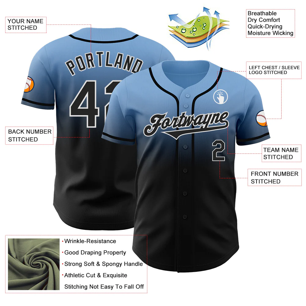 Custom Light Blue Black-White Authentic Fade Fashion Baseball Jersey - Image 3