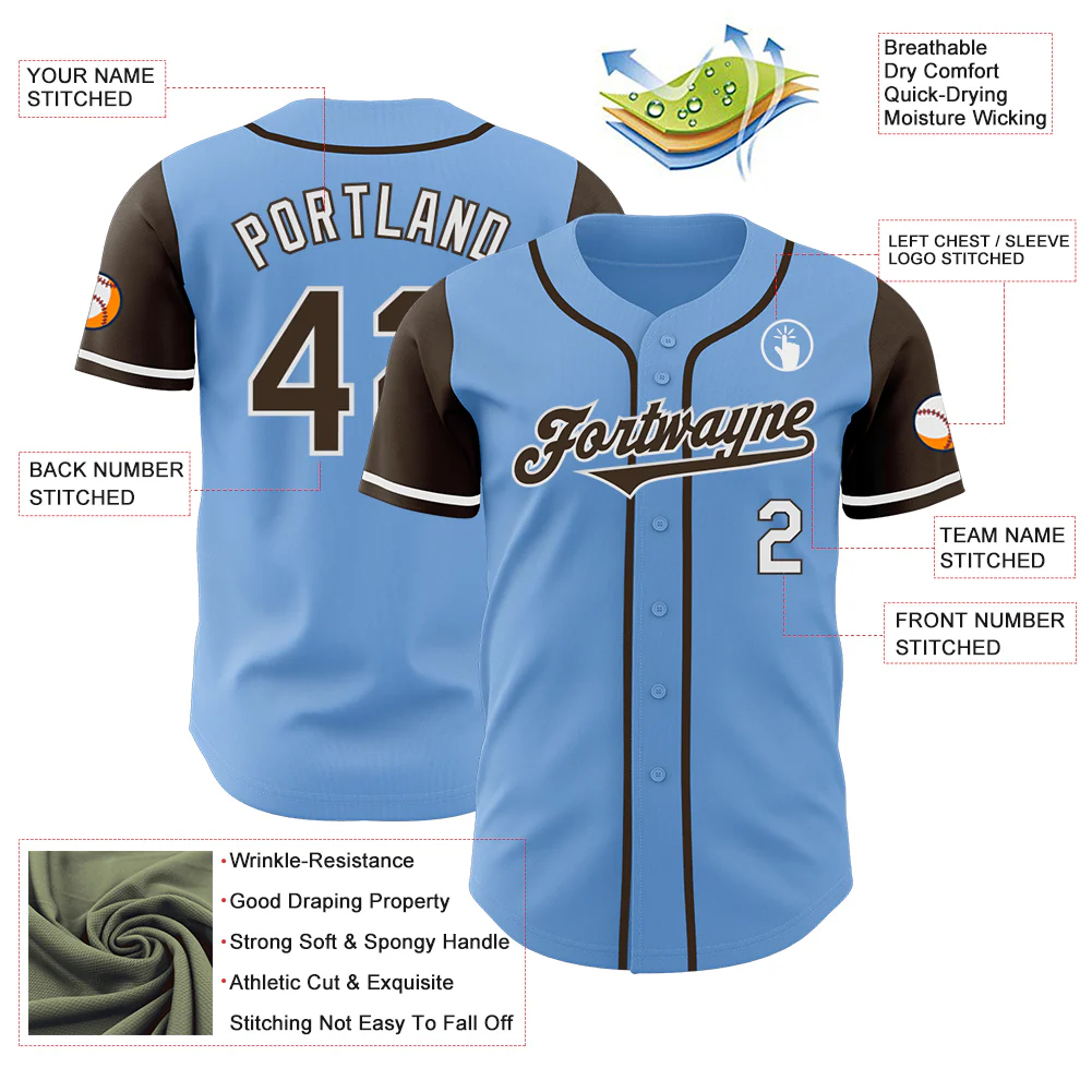 Custom Light Blue Brown-White Authentic Two Tone Baseball Jersey - Image 3