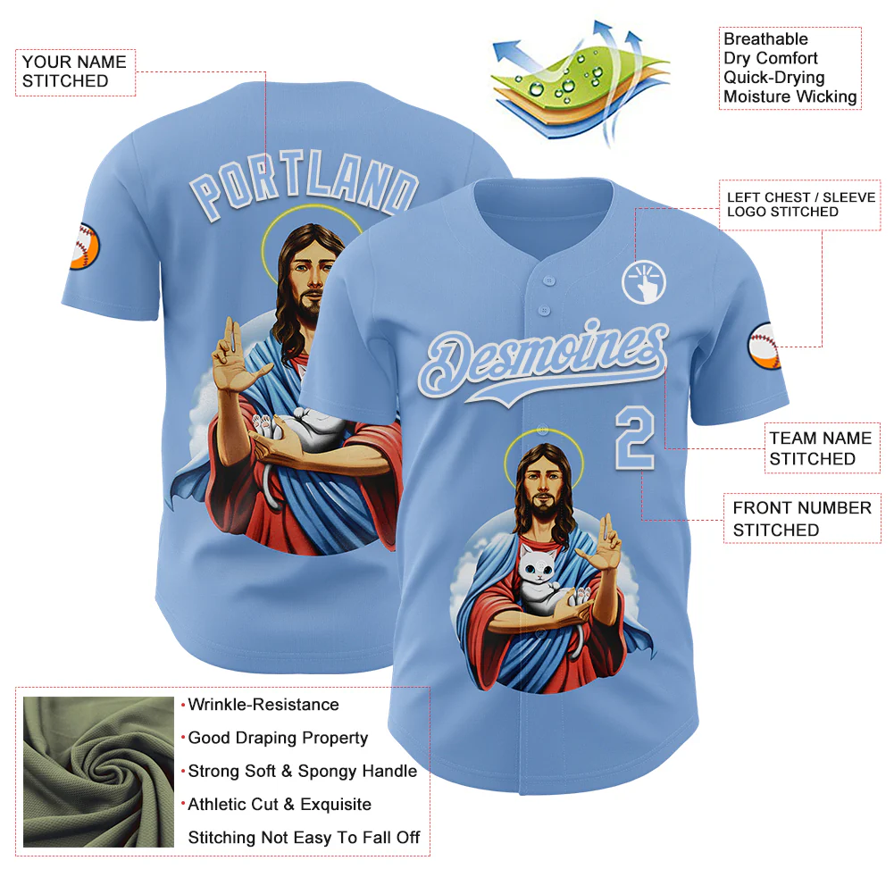 Custom Light Blue Light Blue-White 3D Tobe Fonseca Jesus Cat Authentic Baseball Jersey - Image 3