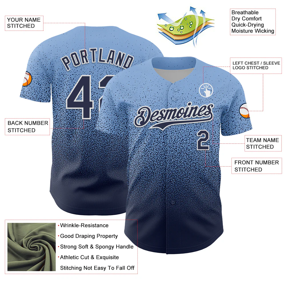 Custom Light Blue Navy-White Fade Fashion Speckle Authentic Baseball Jersey - Image 3