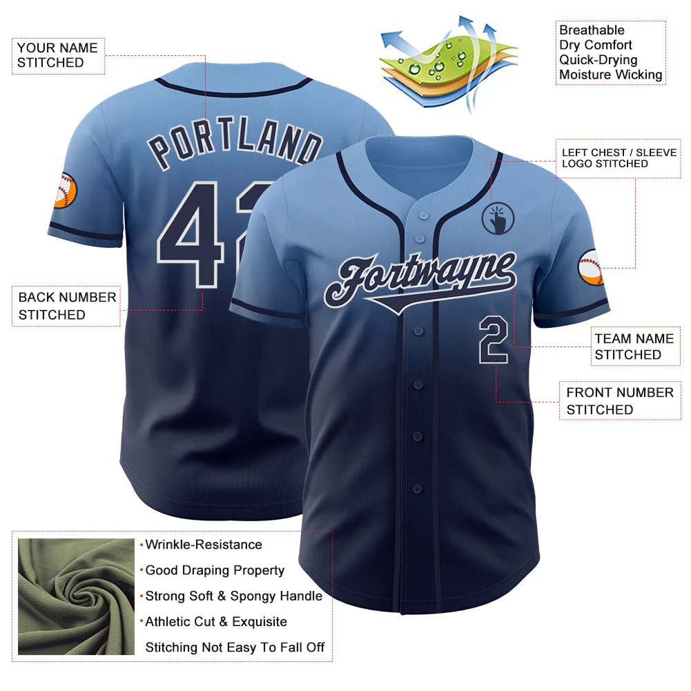 Custom Light Blue Navy-White Authentic Fade Fashion Baseball Jersey - Image 3