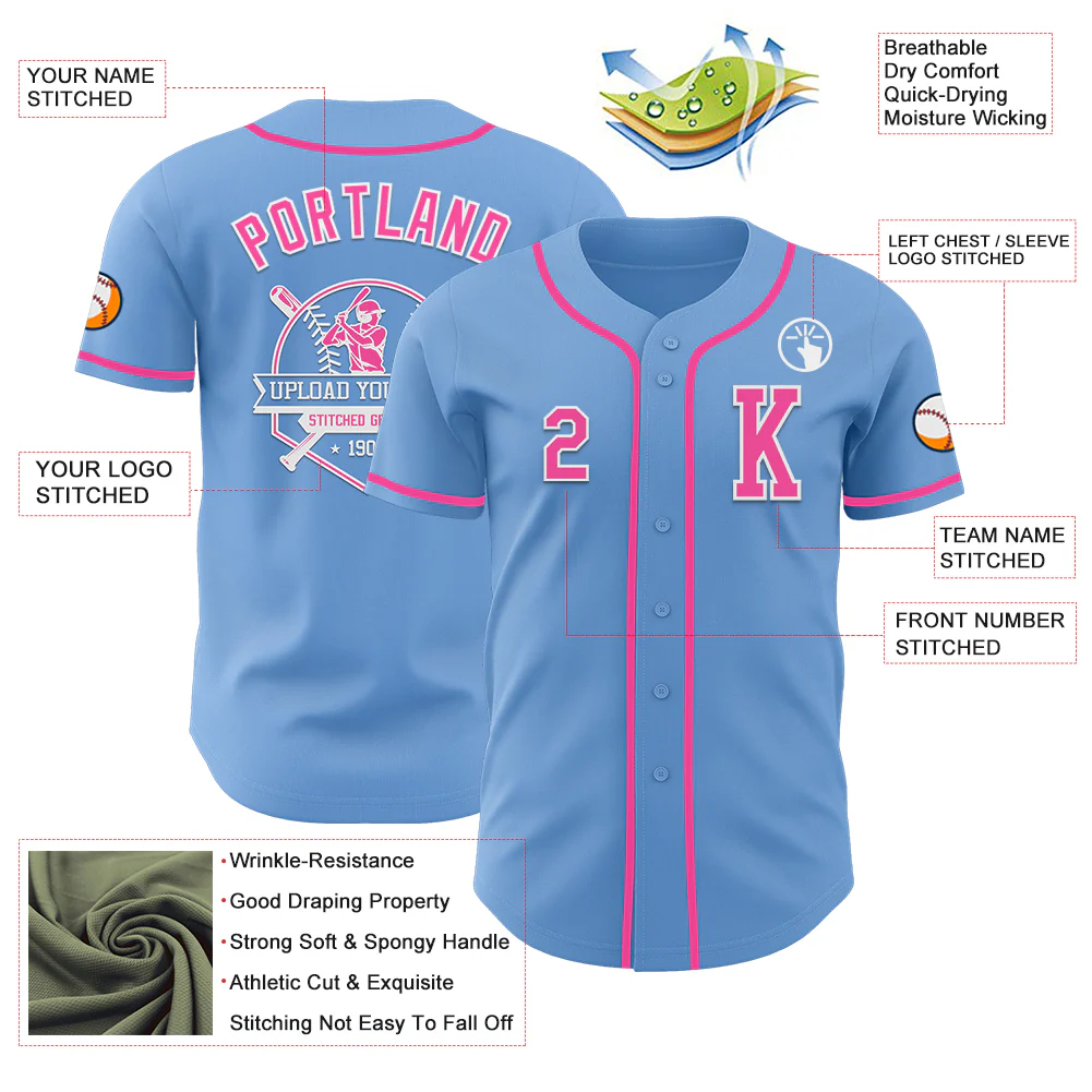 Custom Light Blue Pink-White Authentic Baseball Jersey - Image 6