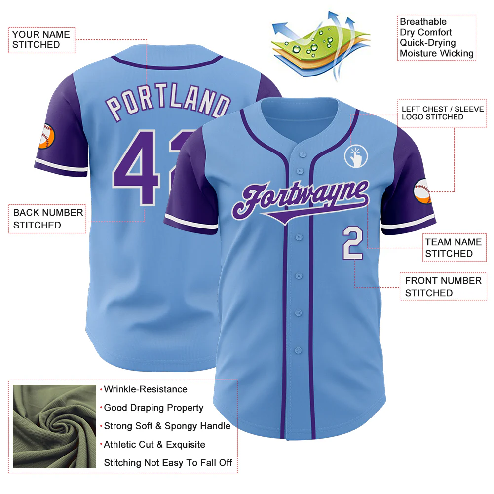 Custom Light Blue Purple-White Authentic Two Tone Baseball Jersey - Image 3