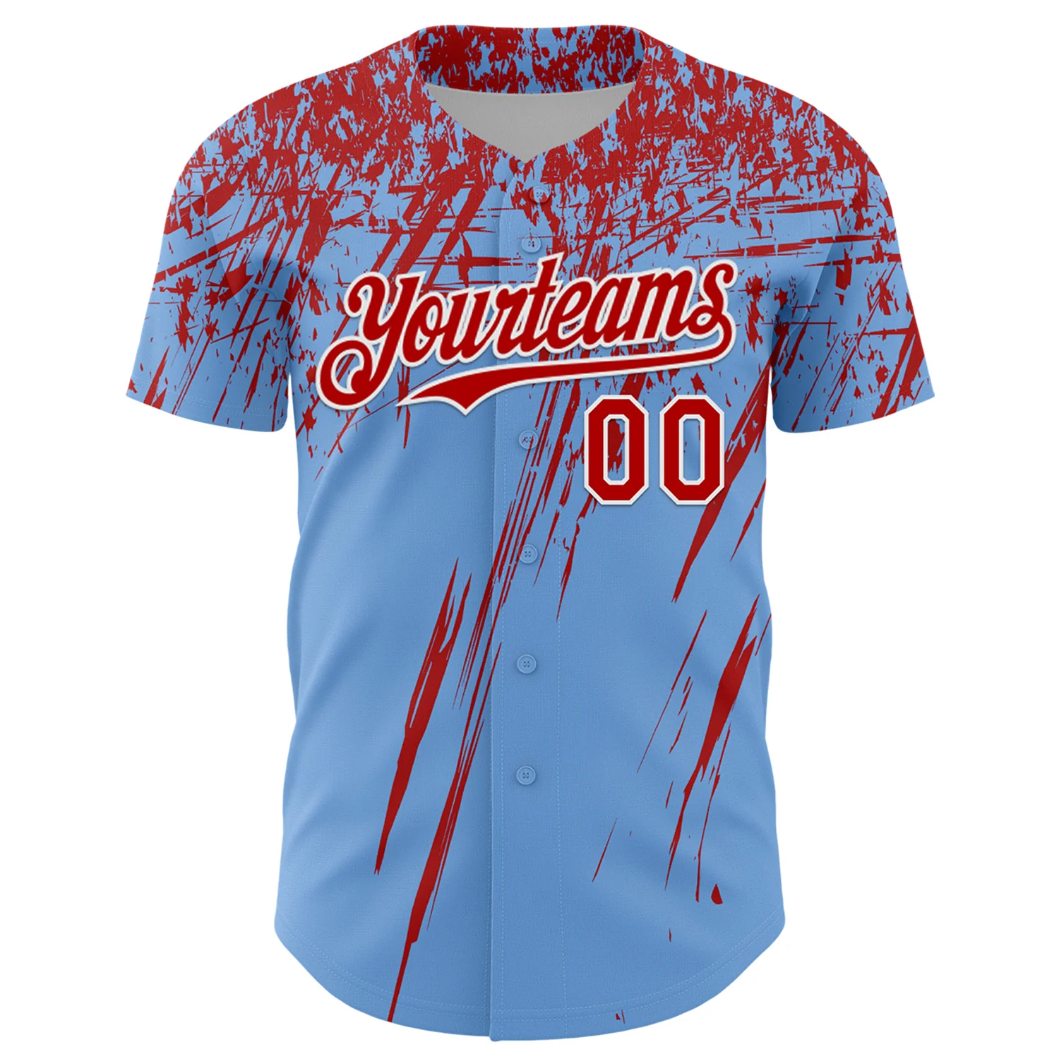 Custom Light Blue Red-White Distressed Scratch Brush Stroke Authentic Baseball Jersey - Image 2