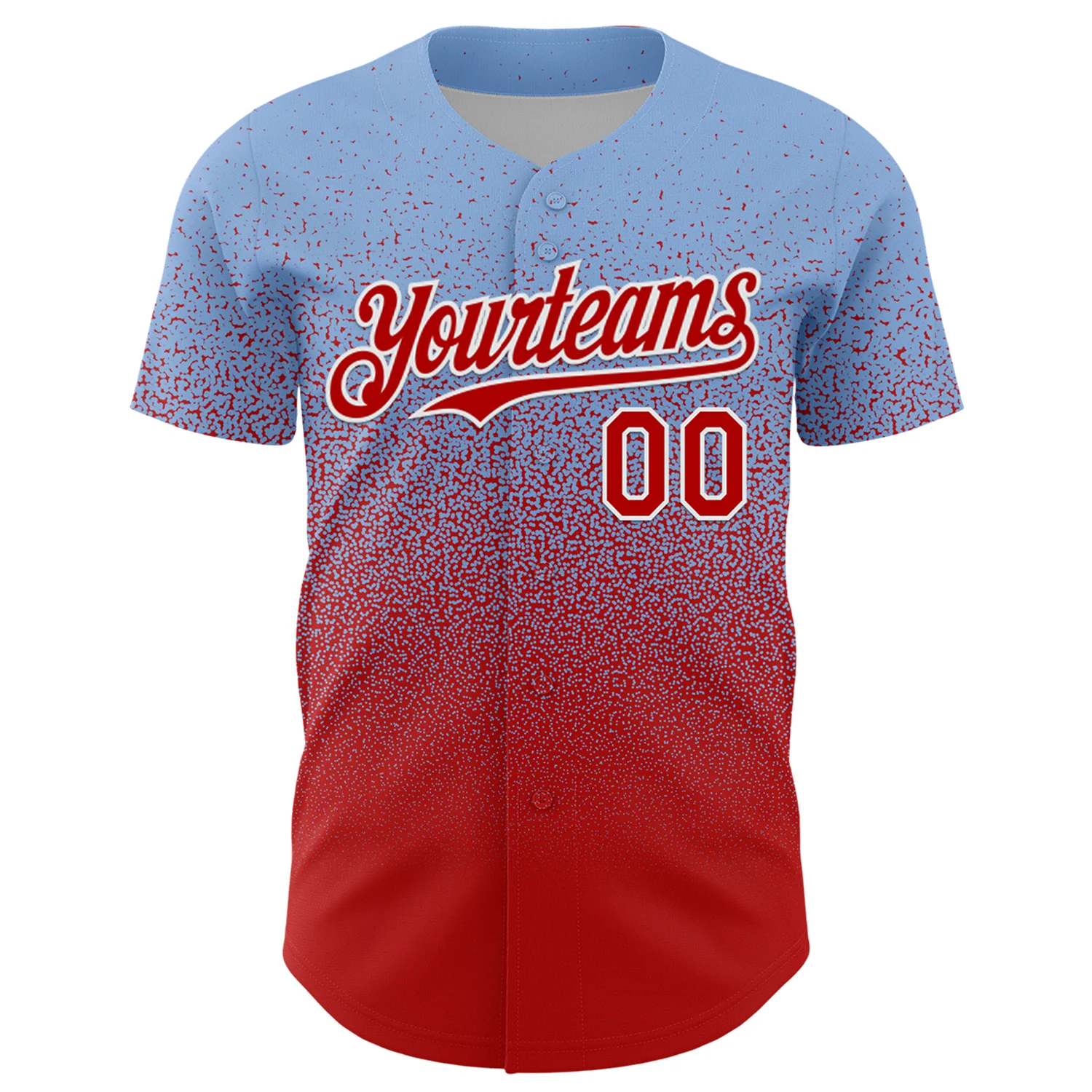 Custom Light Blue Red-White Fade Fashion Speckle Authentic Baseball Jersey - Image 2
