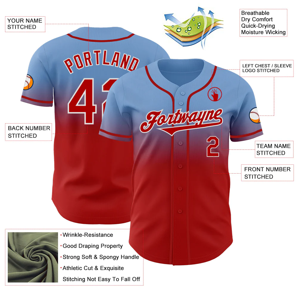 Custom Light Blue Red-White Authentic Fade Fashion Baseball Jersey - Image 3