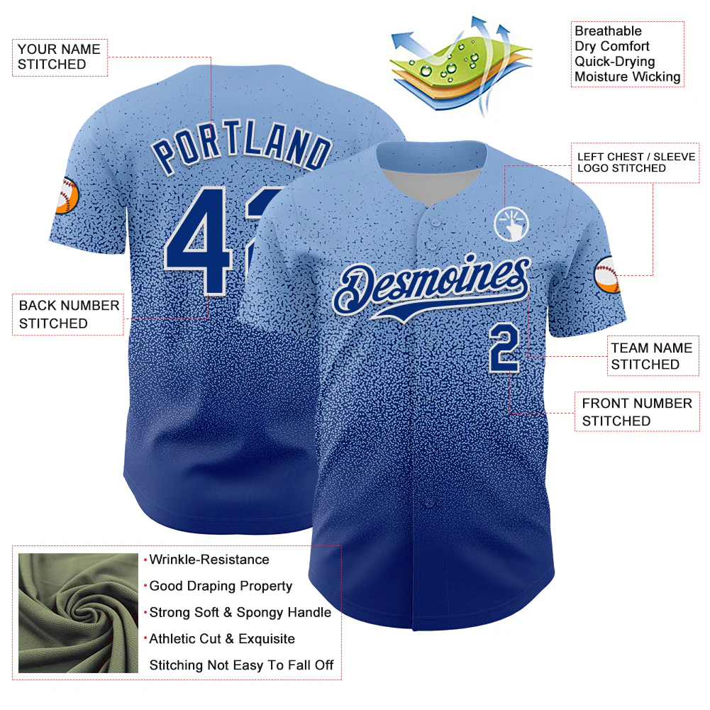 Custom Light Blue Royal-White Fade Fashion Speckle Authentic Baseball Jersey - Image 3