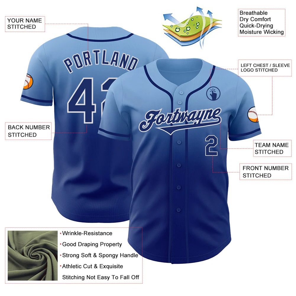 Custom Light Blue Royal-White Authentic Fade Fashion Baseball Jersey - Image 3