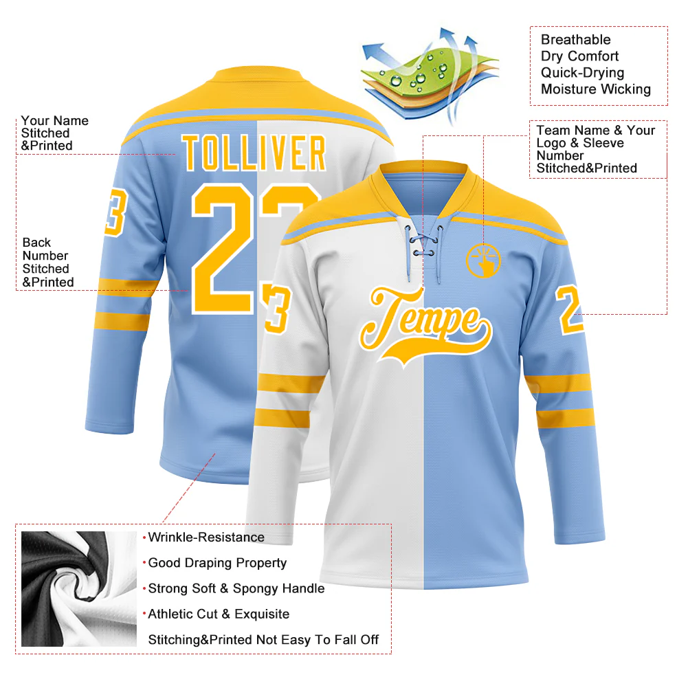 Custom Light Blue Gold-White Split Fashion Hockey Lace Neck Jersey - Image 5