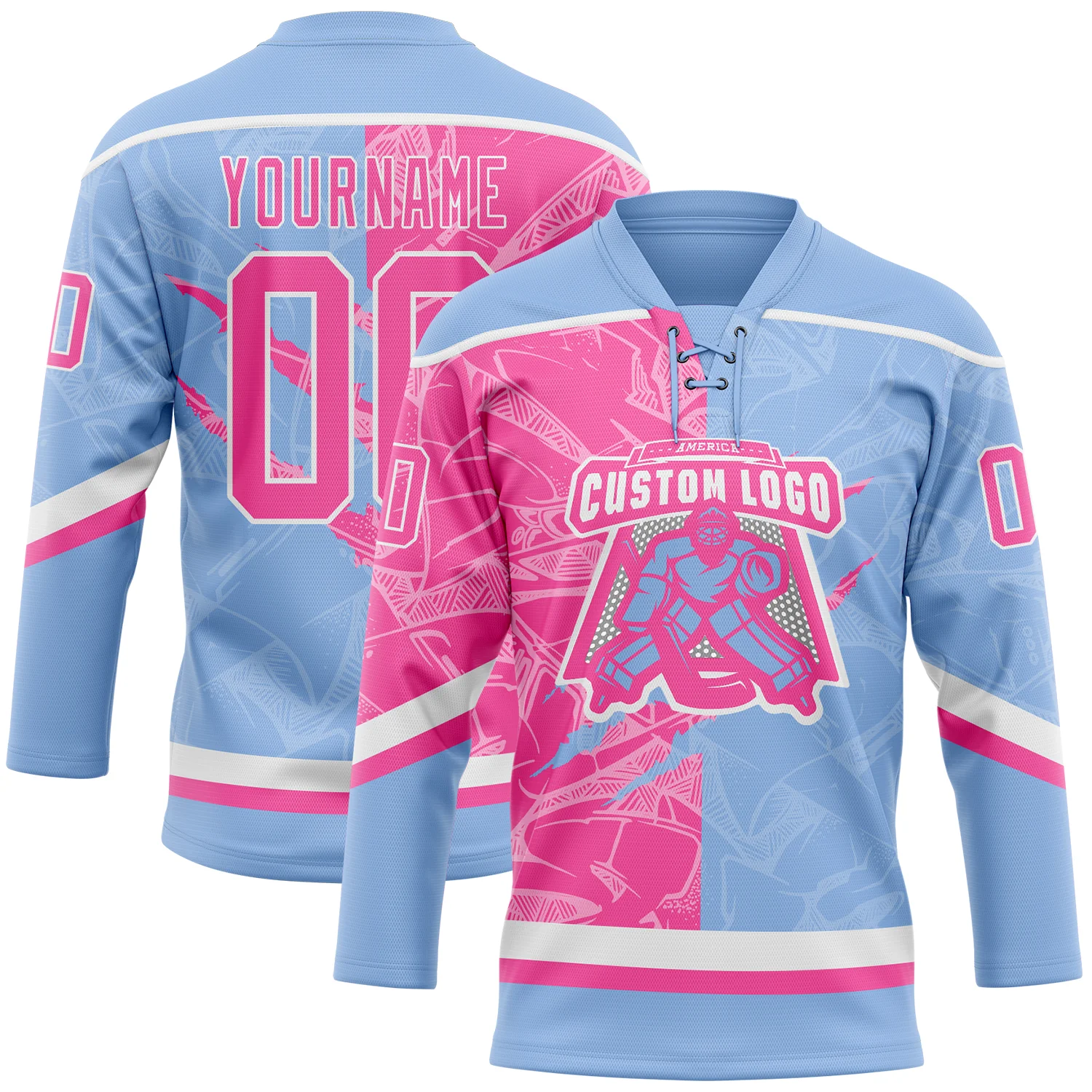 Custom Light Blue Pink-White 3D Pattern Gradient Fashion Scratch Hockey Lace Neck Jersey - Image 2
