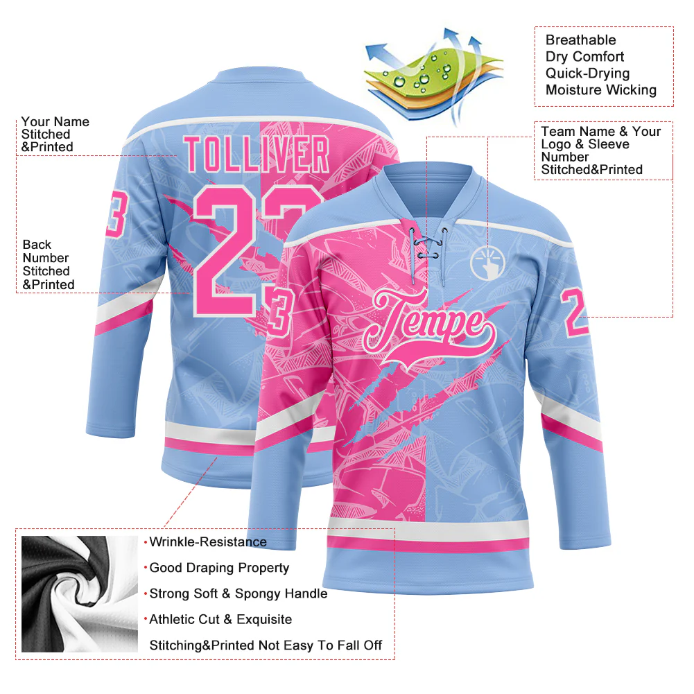 Custom Light Blue Pink-White 3D Pattern Gradient Fashion Scratch Hockey Lace Neck Jersey - Image 3