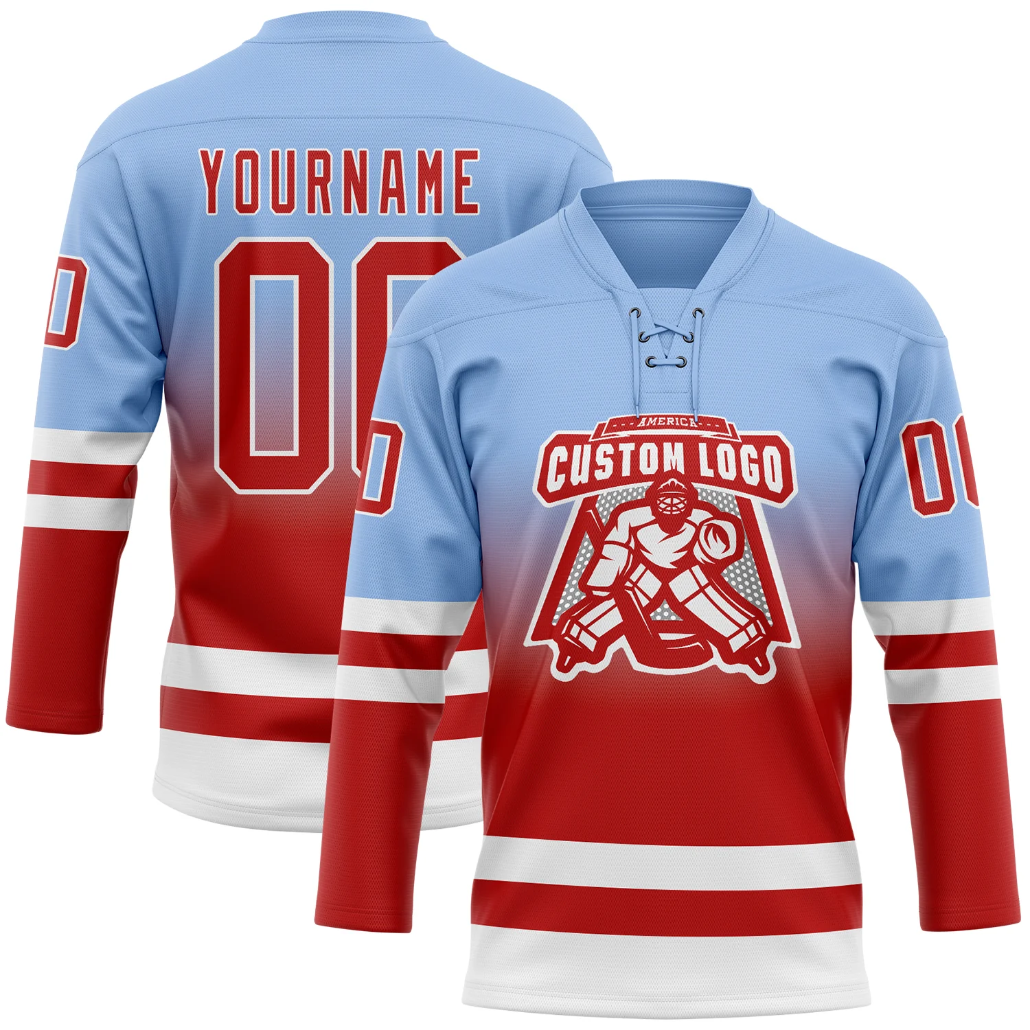 Custom Light Blue Red-White Fade Fashion Hockey Lace Neck Jersey - Image 2
