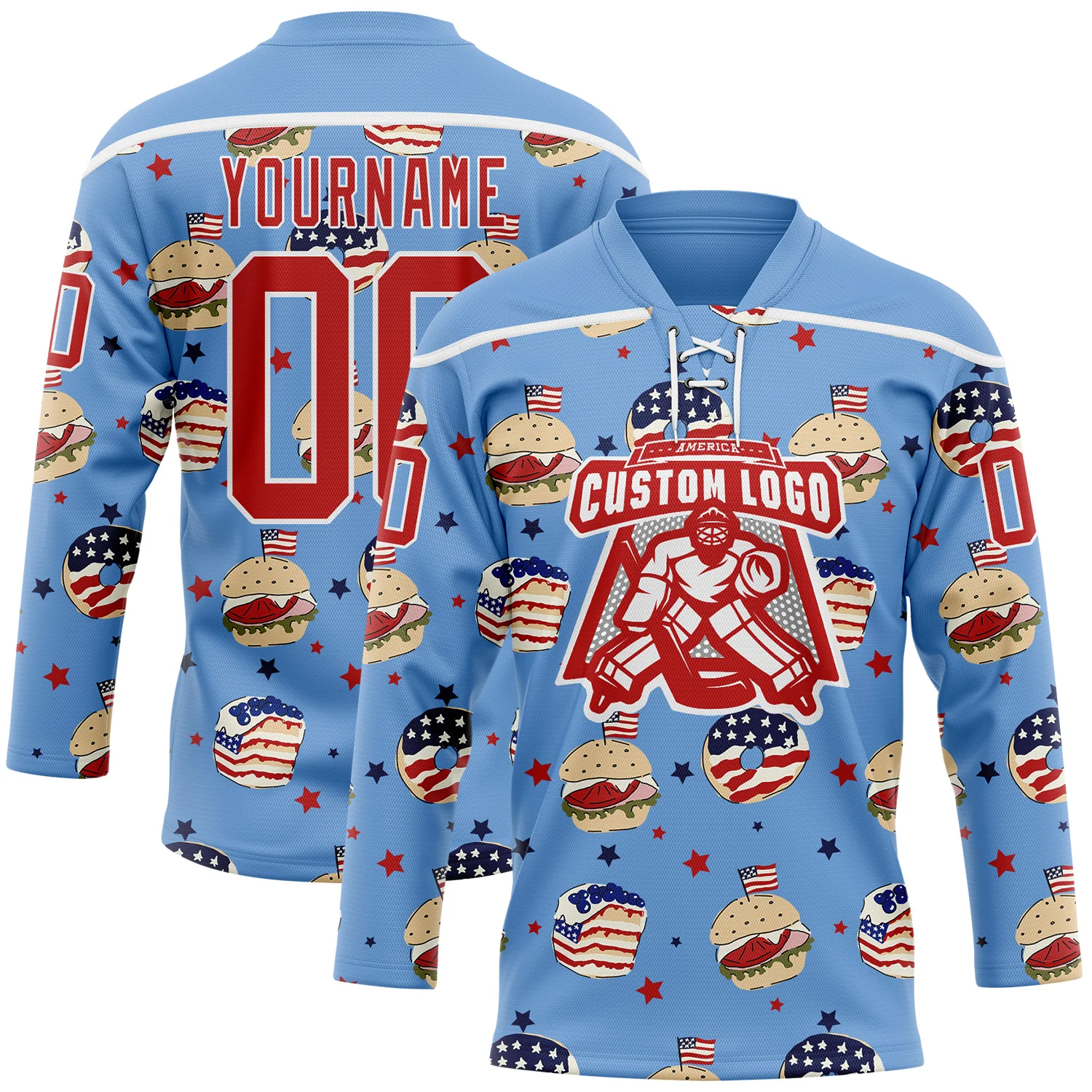 Custom Light Blue Red-White American Flag Hockey Lace Neck Jersey - Image 2