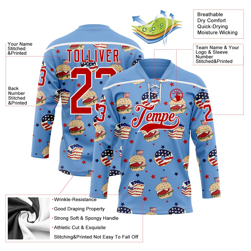 Custom Light Blue Red-White American Flag Hockey Lace Neck Jersey - Image 5