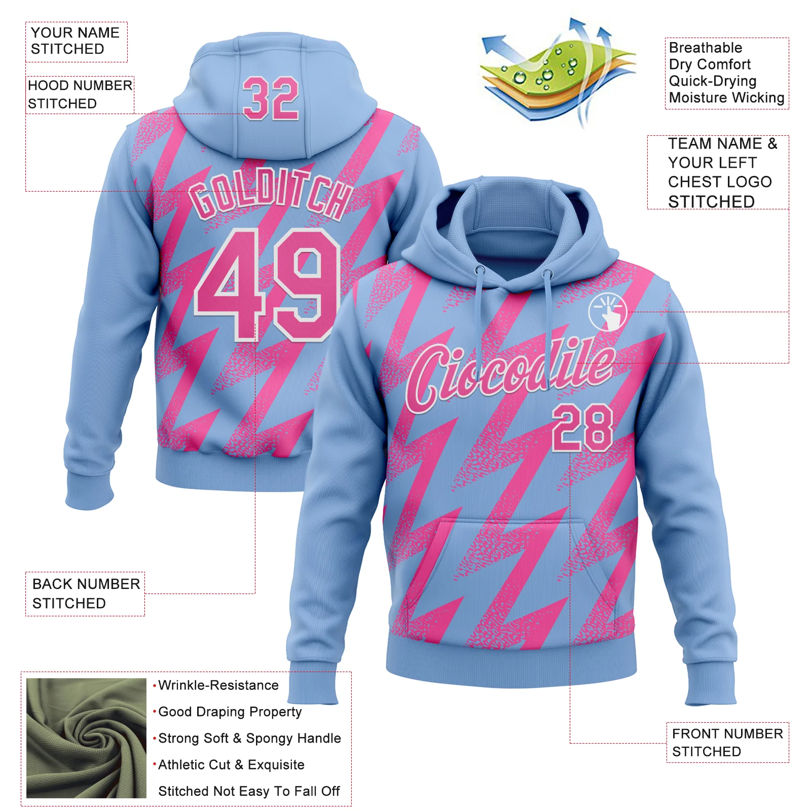 Custom Stitched Light Blue Pink-White Zigzag Shape Sports Pullover Sweatshirt Hoodie - Image 4