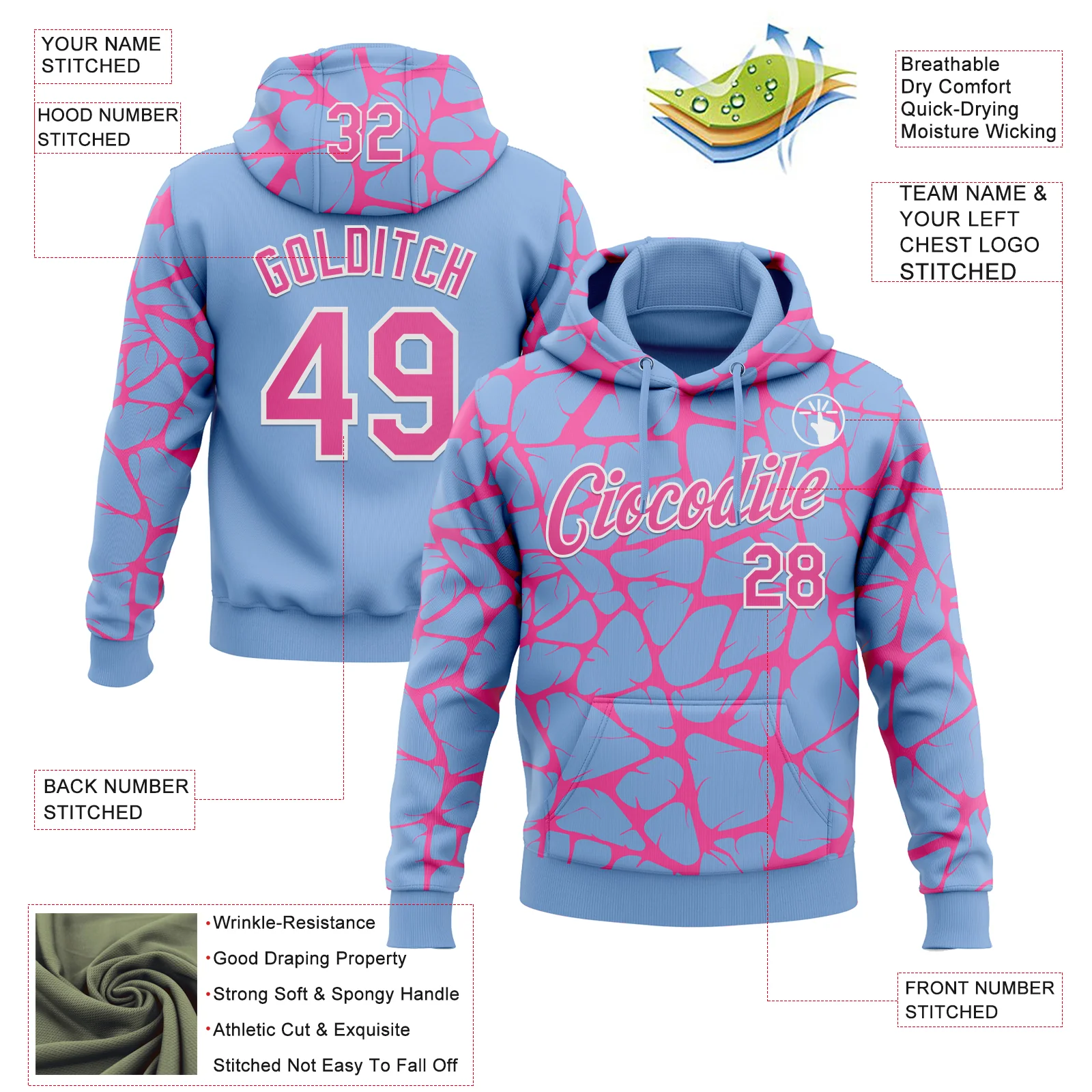 Custom Stitched Light Blue Pink-White Abstract Network Pattern Sports Pullover Sweatshirt Hoodie - Image 4