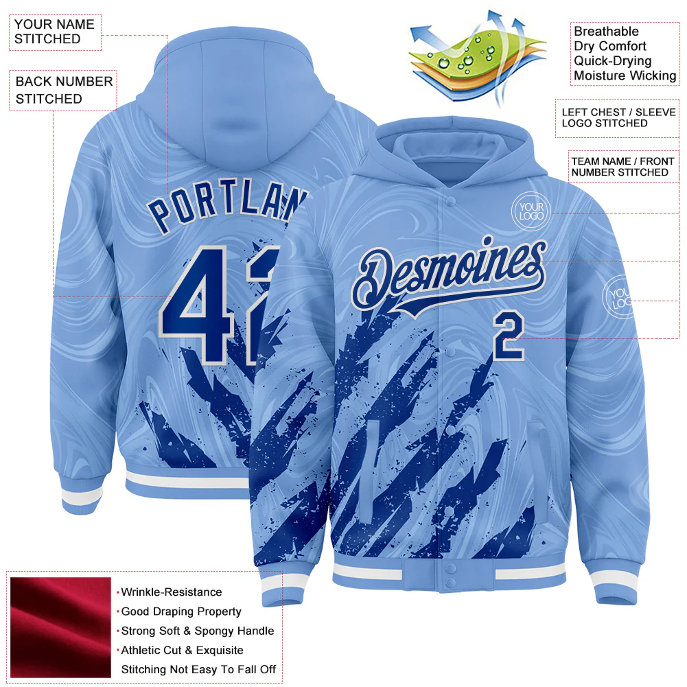 Custom Light Blue Royal-White Splash Bomber Full-Snap Varsity Letterman Hoodie Jacket - Image 4