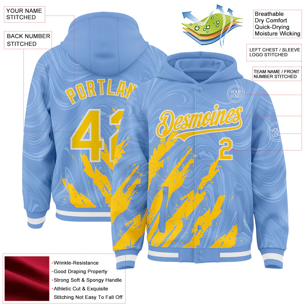Custom Light Blue Yellow-White Splash Bomber Full-Snap Varsity Letterman Hoodie Jacket - Image 4