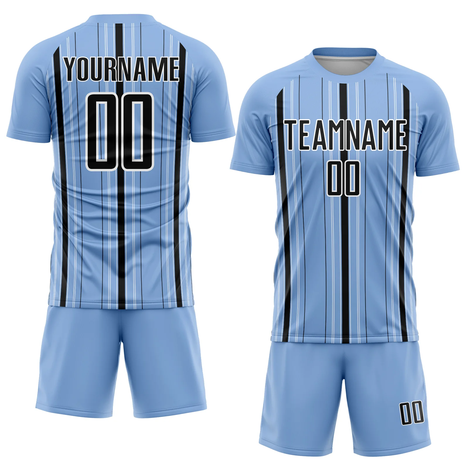 Custom Light Blue Black-White Stripe Sublimation Soccer Uniform Jersey - Image 2