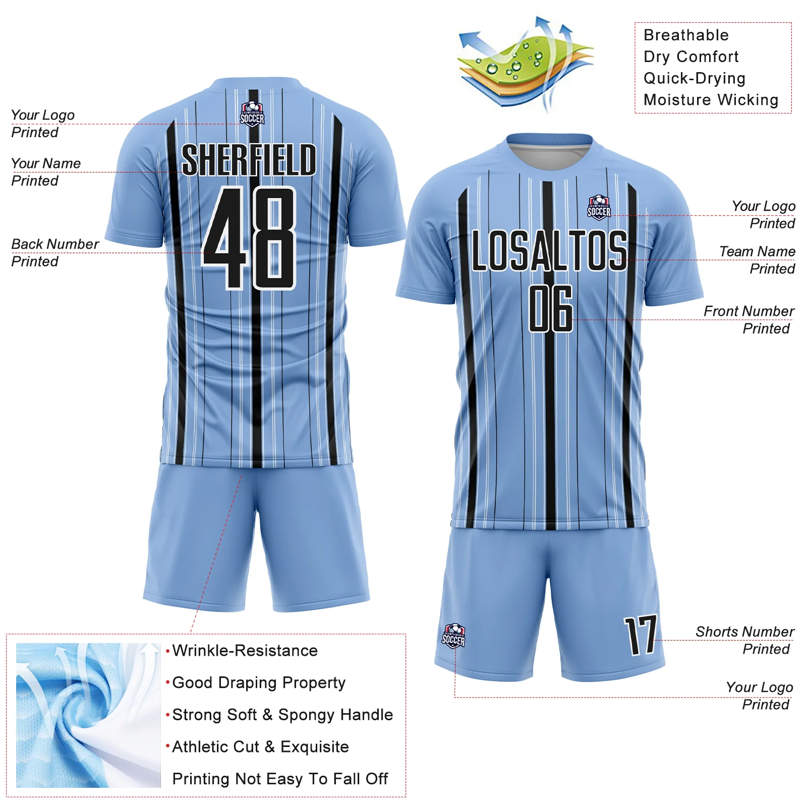 Custom Light Blue Black-White Stripe Sublimation Soccer Uniform Jersey - Image 4