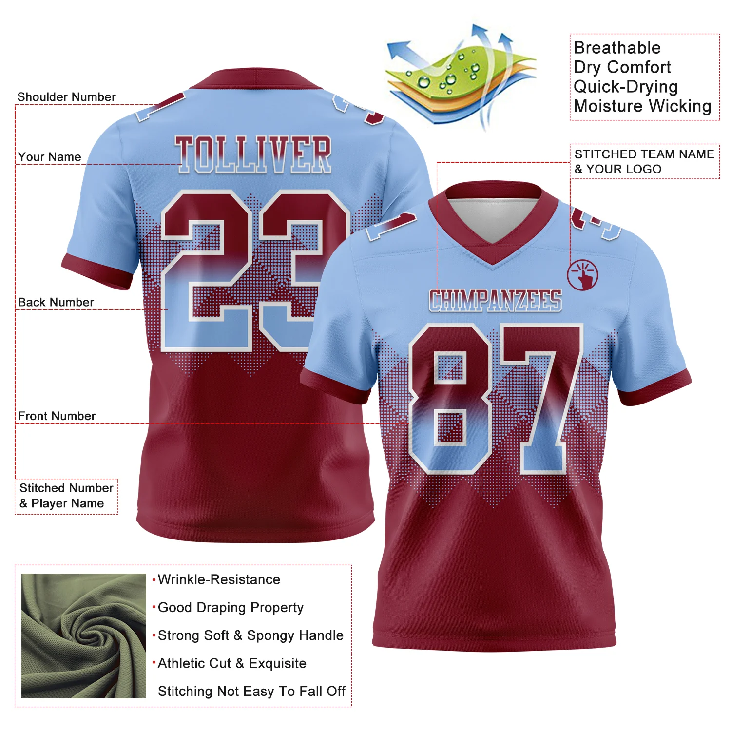 Custom Light Blue Crimson-White Authentic Gradient Square Shape Flag Football Jersey - Image 2