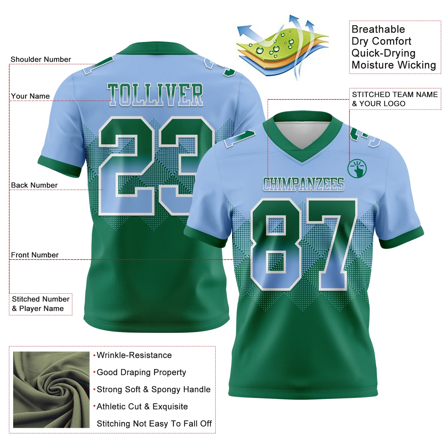 Custom Light Blue Kelly Green-White Authentic Gradient Square Shape Flag Football Jersey - Image 2
