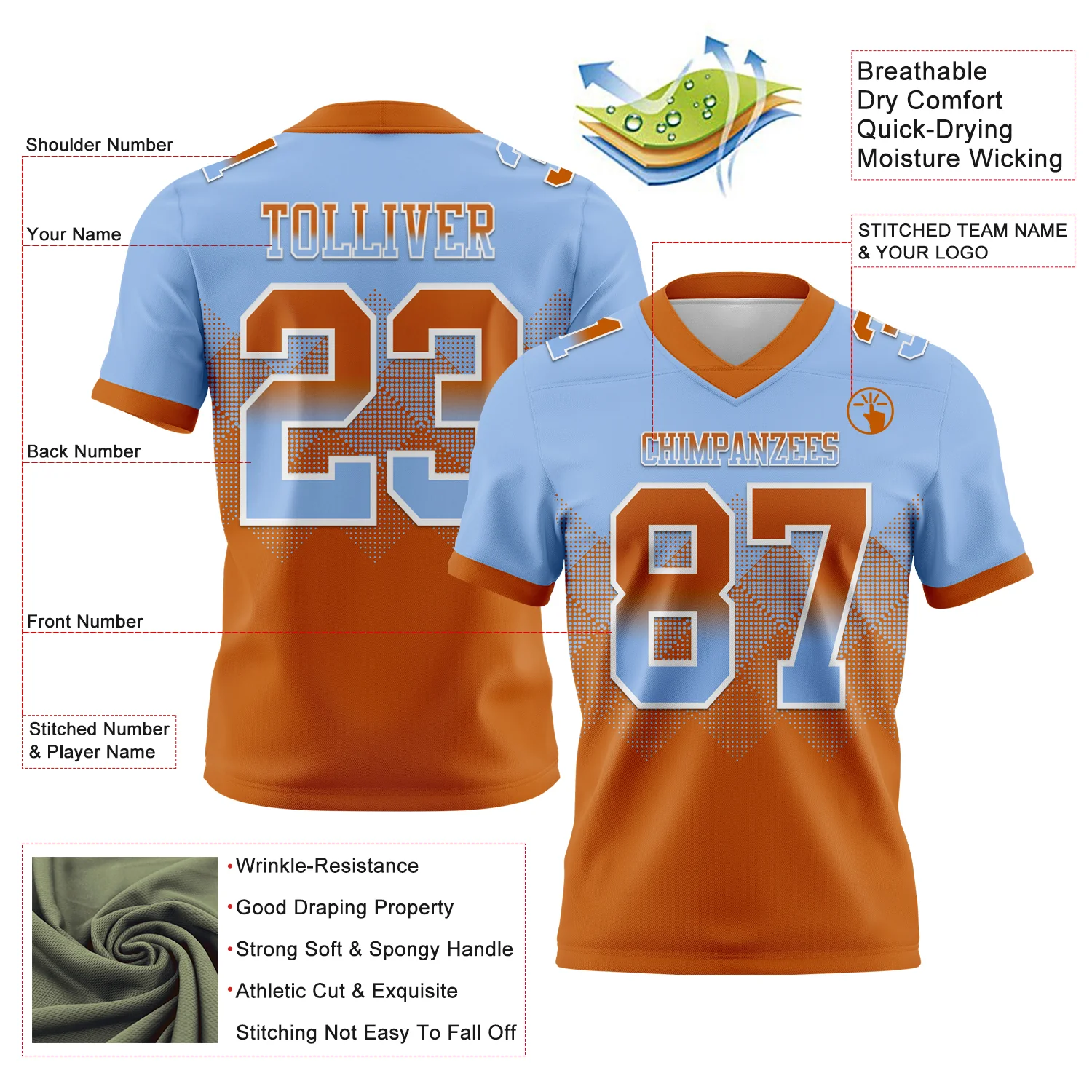 Custom Light Blue Texas Orange-White Authentic Gradient Square Shape Flag Football Jersey - Image 2