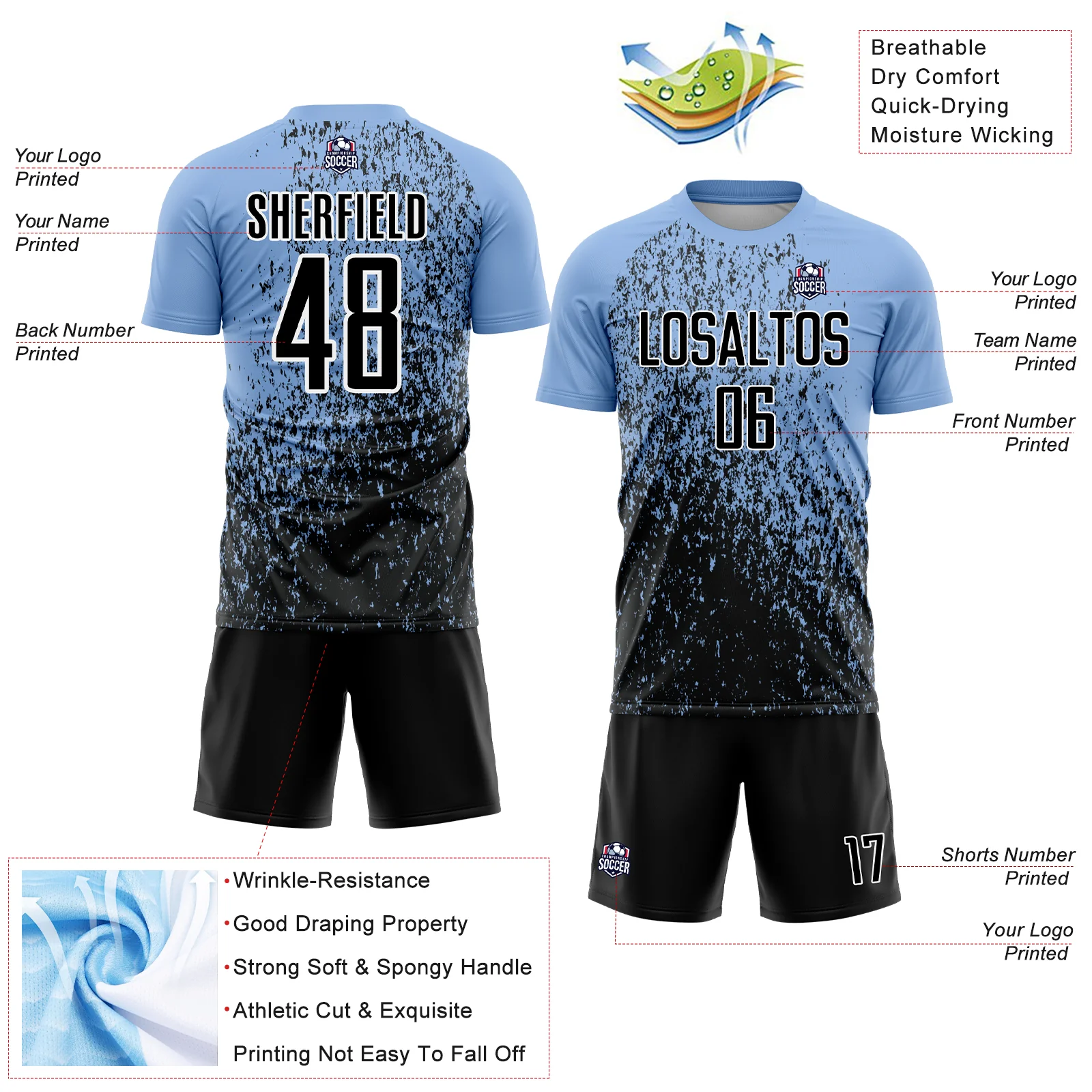 Custom Light Blue Black-White Abstract Fragment Art Sublimation Soccer Uniform Jersey - Image 4