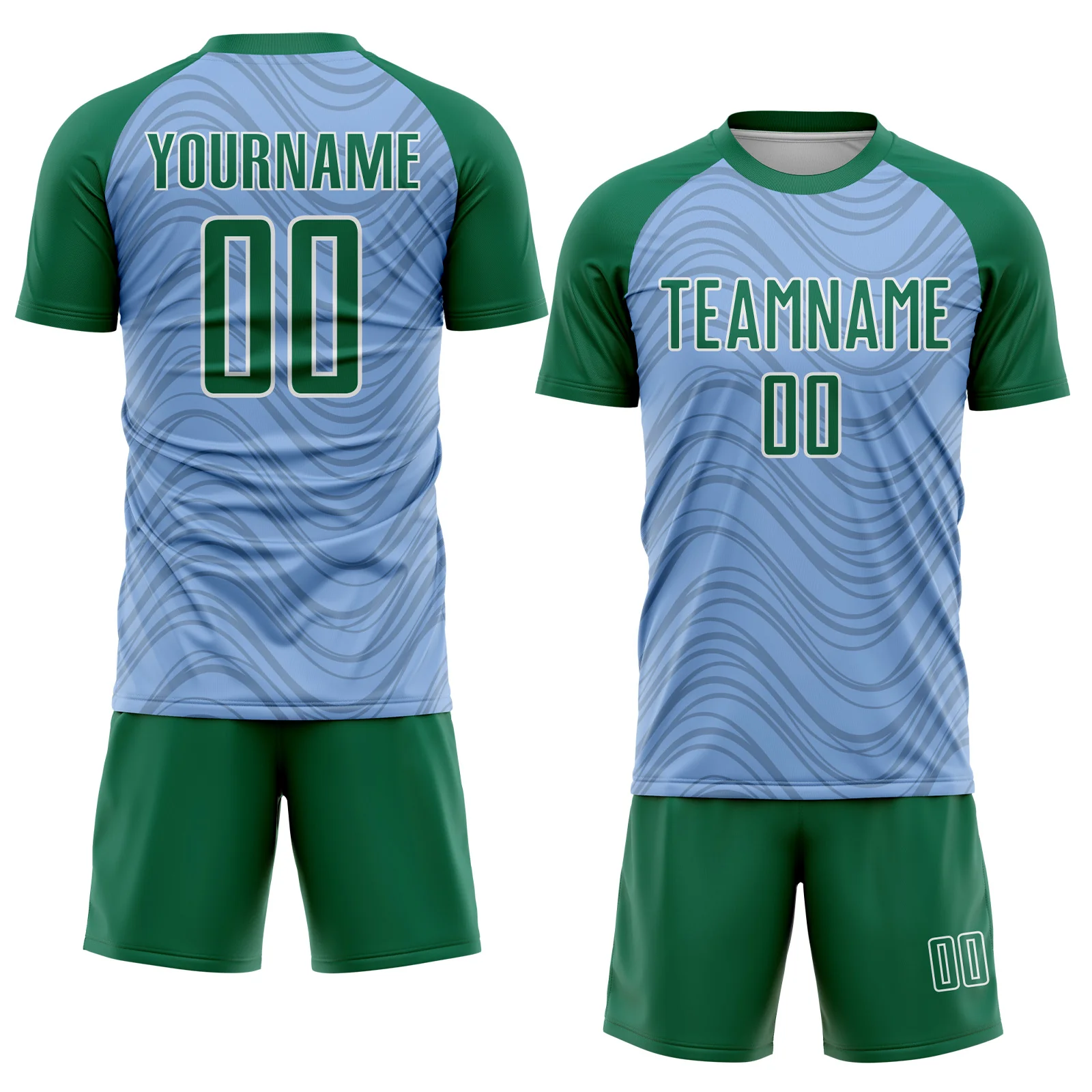 Custom Light Blue Kelly Green-White Wavy Lines Sports Sublimation Soccer Uniform Jersey - Image 2