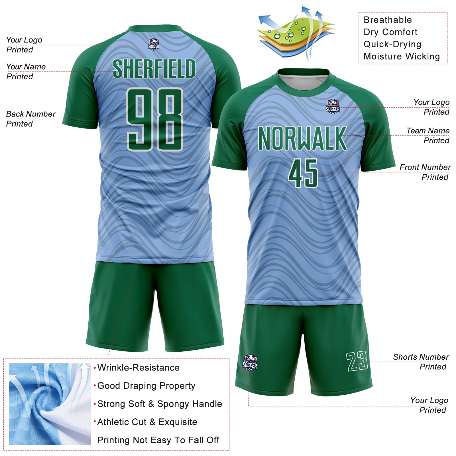 Custom Light Blue Kelly Green-White Wavy Lines Sports Sublimation Soccer Uniform Jersey - Image 4