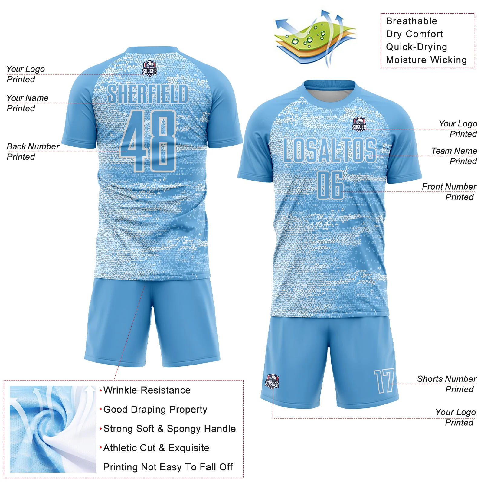 Custom Light Blue White Argentina Geometric Pattern Sports Sublimation Soccer Uniform Jersey - Image 4