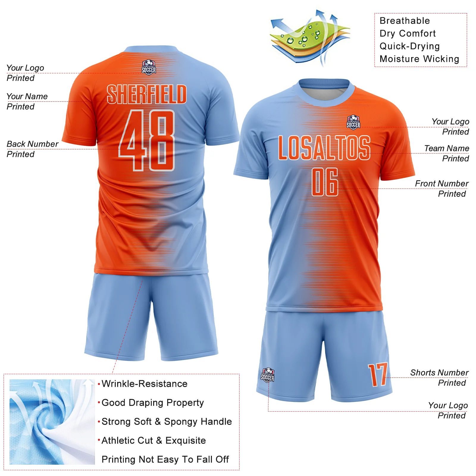 Custom Light Blue Orange-White Gradient Line Sublimation Soccer Uniform Jersey - Image 4