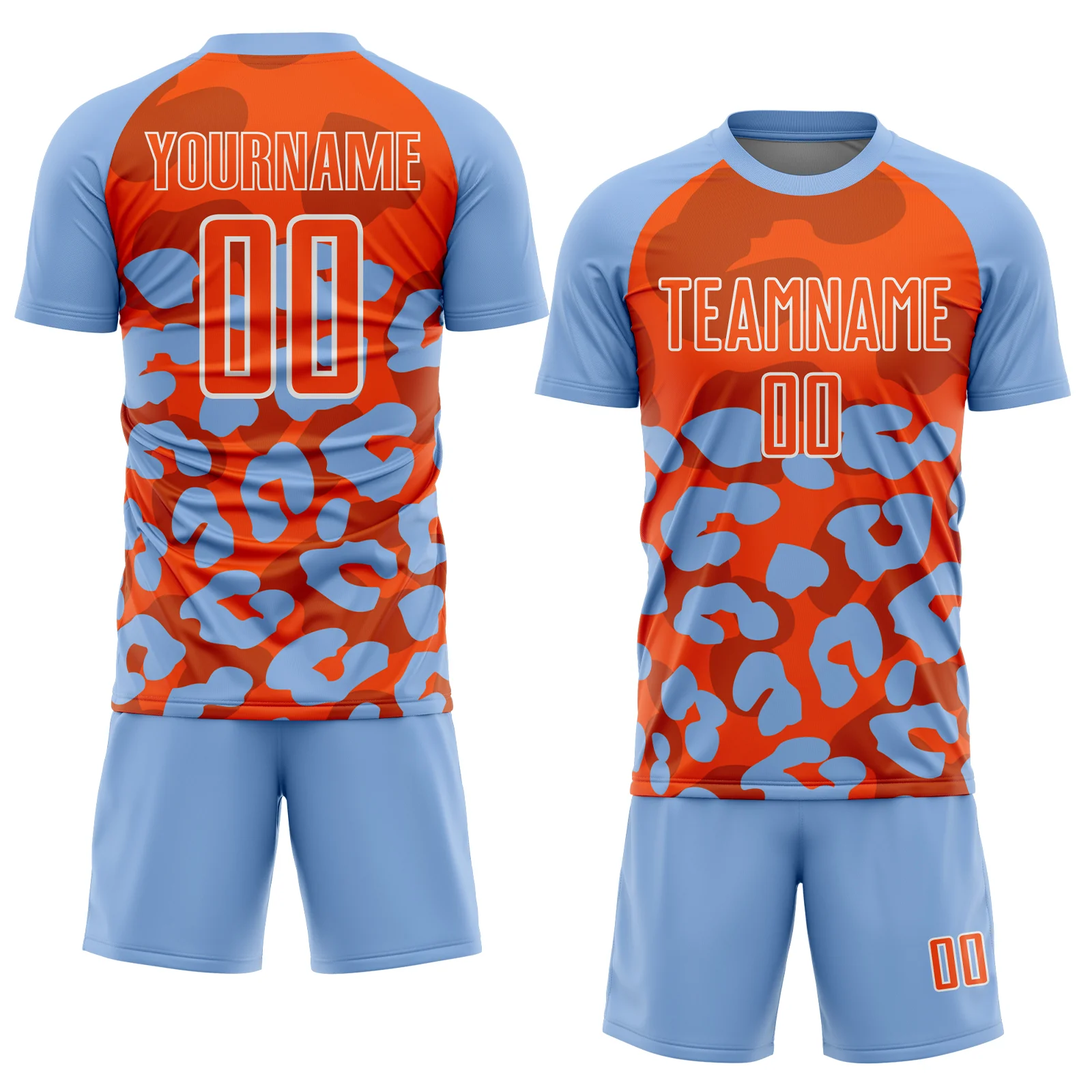 Custom Light Blue Orange-White Animal Leopard Print Sports Sublimation Soccer Uniform Jersey - Image 2