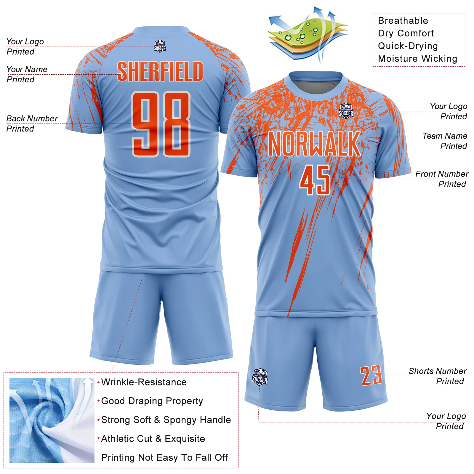 Custom Light Blue Orange-White Splash Sports Sublimation Soccer Uniform Jersey - Image 4