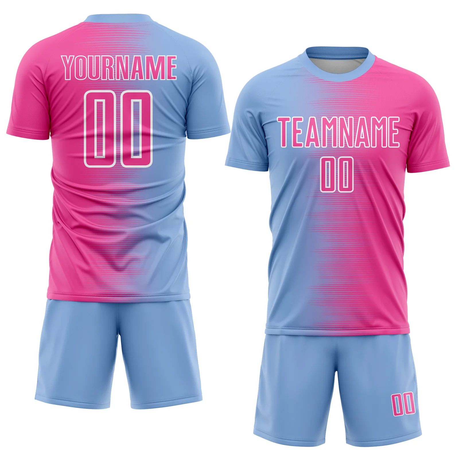 Custom Light Blue Pink-White Gradient Line Sublimation Soccer Uniform Jersey - Image 2
