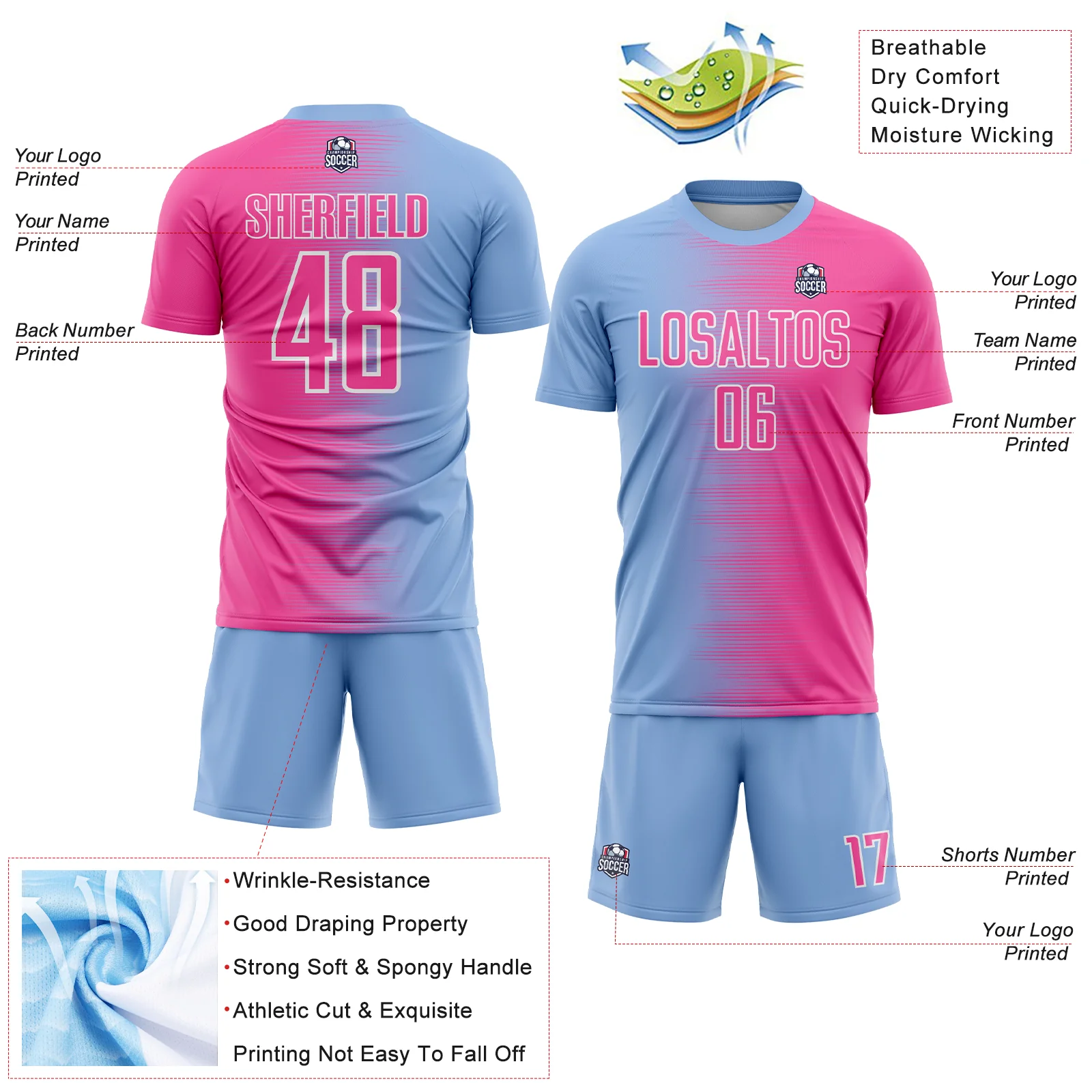 Custom Light Blue Pink-White Gradient Line Sublimation Soccer Uniform Jersey - Image 4